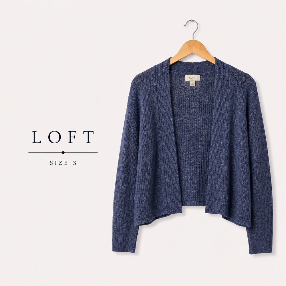 LOFT Blue Open Front Cropped Cardigan Ramie Rayon Knit Shrug Sweater Small